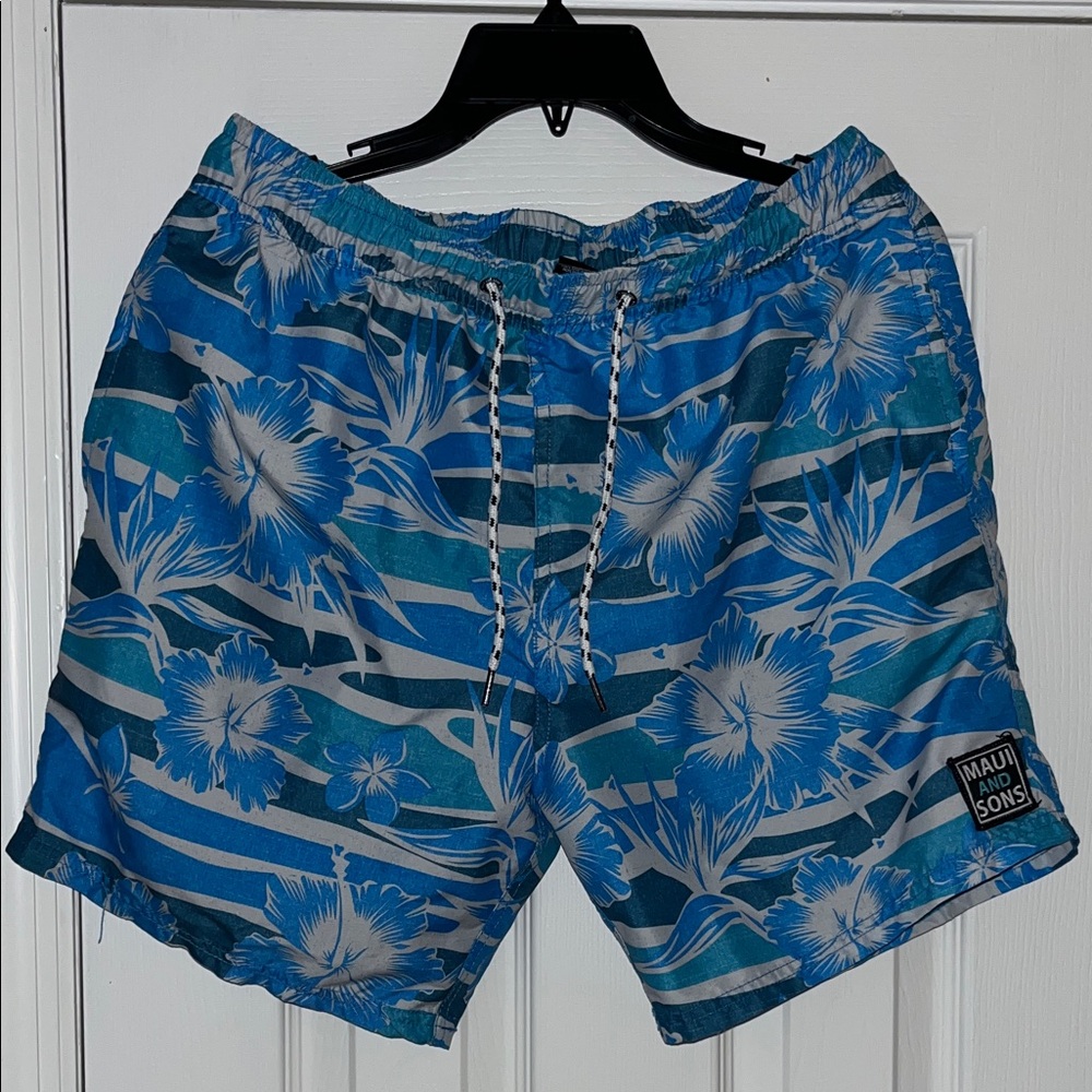 Maui and Sons Tropical Blue Hibiscus Swim Shorts